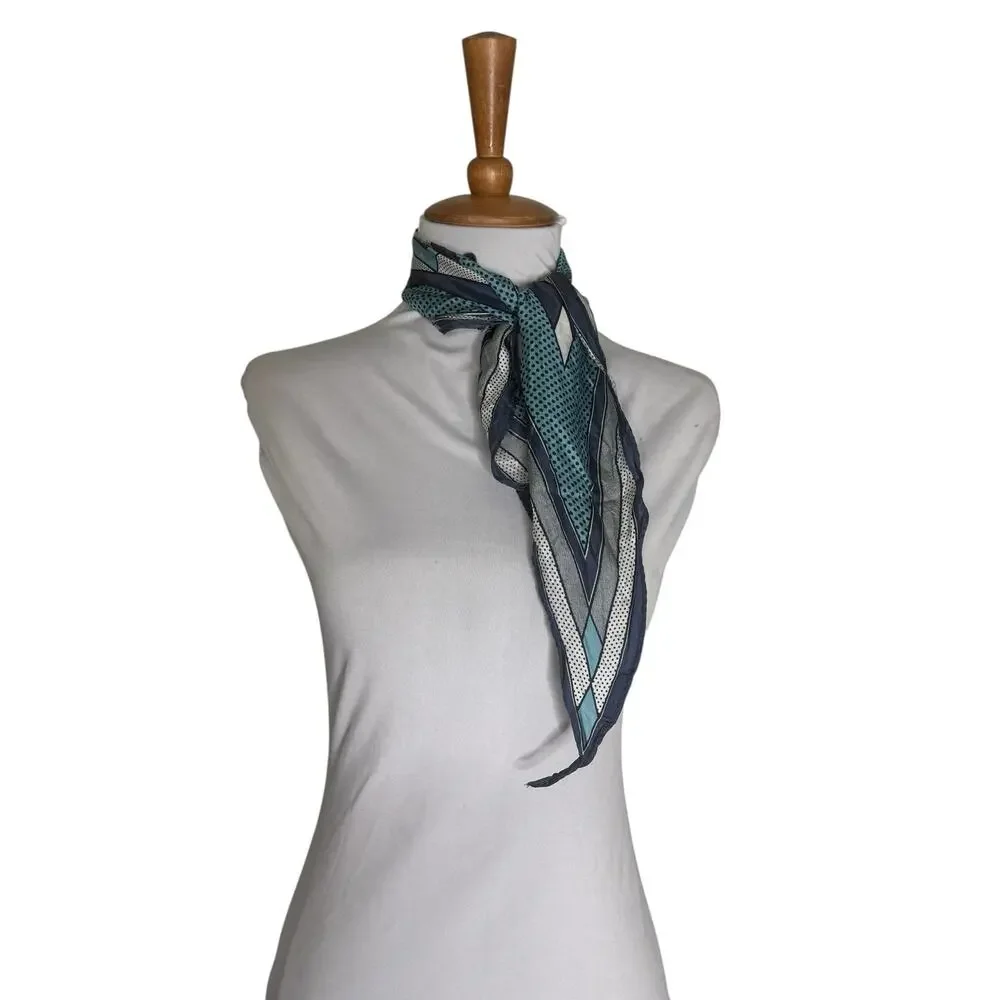 Vintage Silk Scarf Aqua Navy Geometric Polka Dot Square Neck Hair Scarf